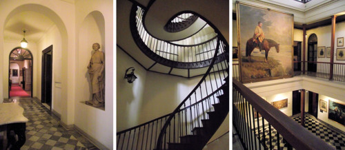 Composición de fotografías, pasillo, escalera caracol, cuadro de Artigas
